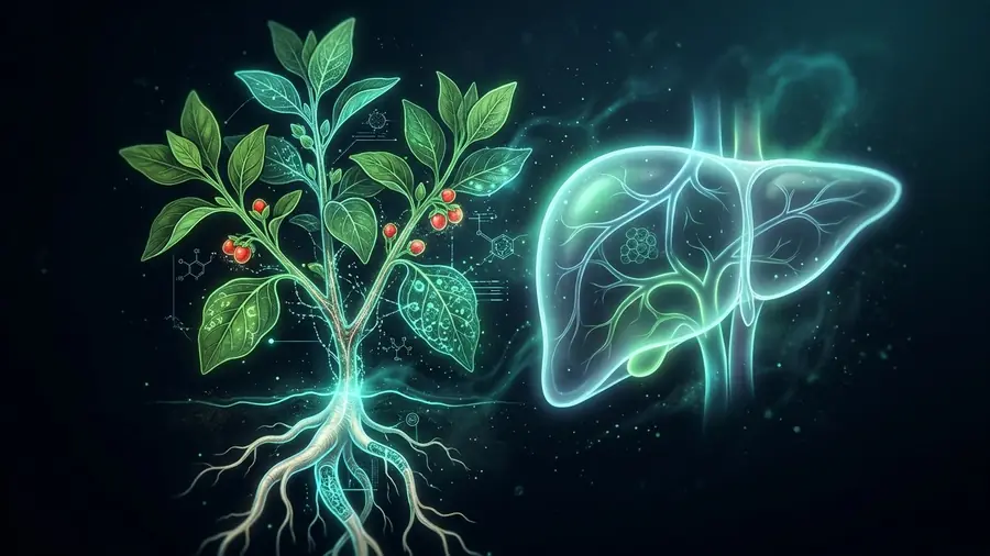 Planta de ashwagandha con raíces y bayas iluminadas, ilustración