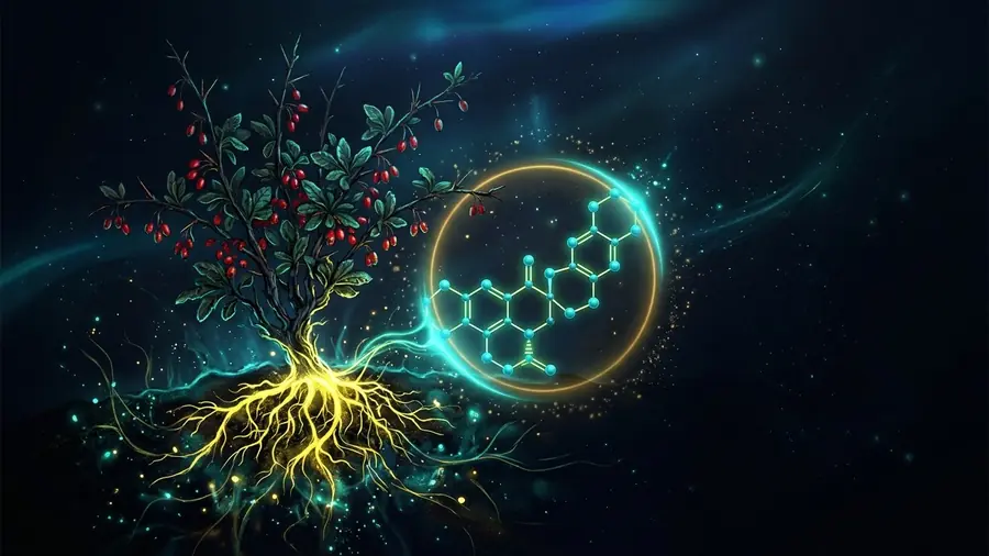 Planta de berberis con raíces amarillas y moléculas luminosas, ilustración