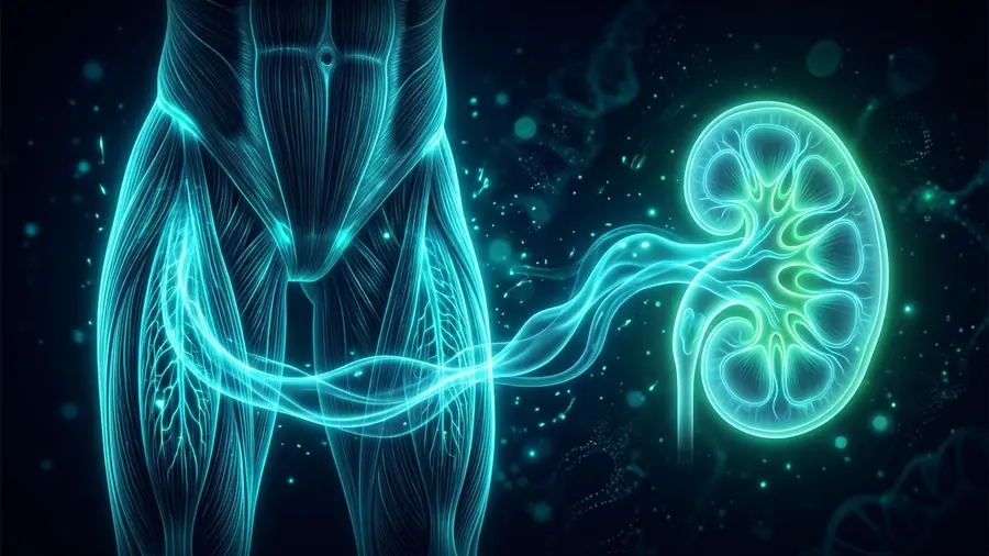 Fibra muscular con moléculas luminosas junto a un riñón, ilustración