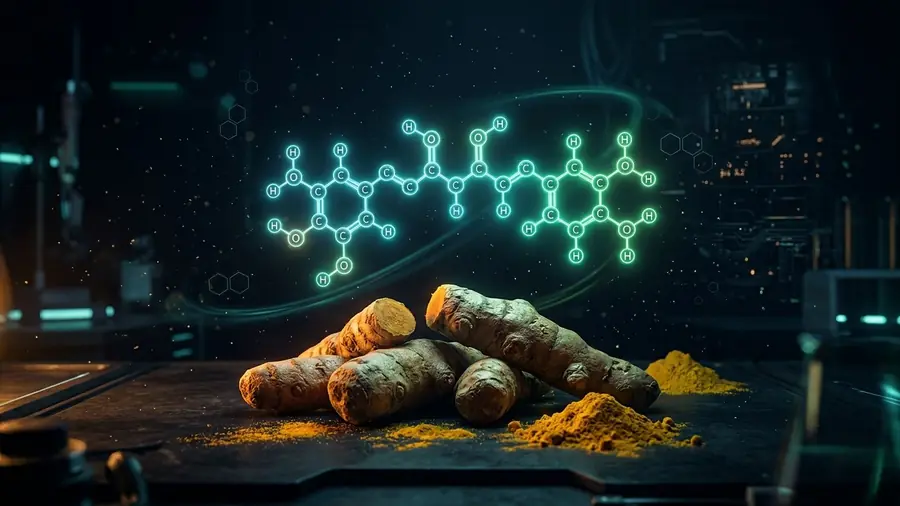 Rizomas de cúrcuma y polvo dorado junto a una molécula luminosa, ilustración