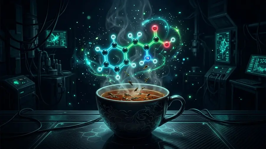 Taza de té con hojas y una molécula luminosa sobre fondo oscuro, ilustración