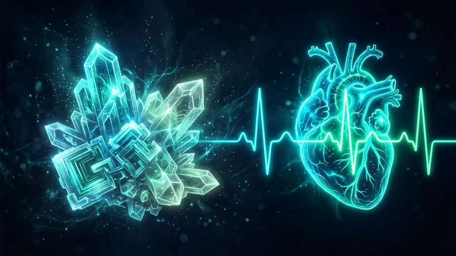 Cristales de magnesio junto a un corazón y una onda de latido, ilustración