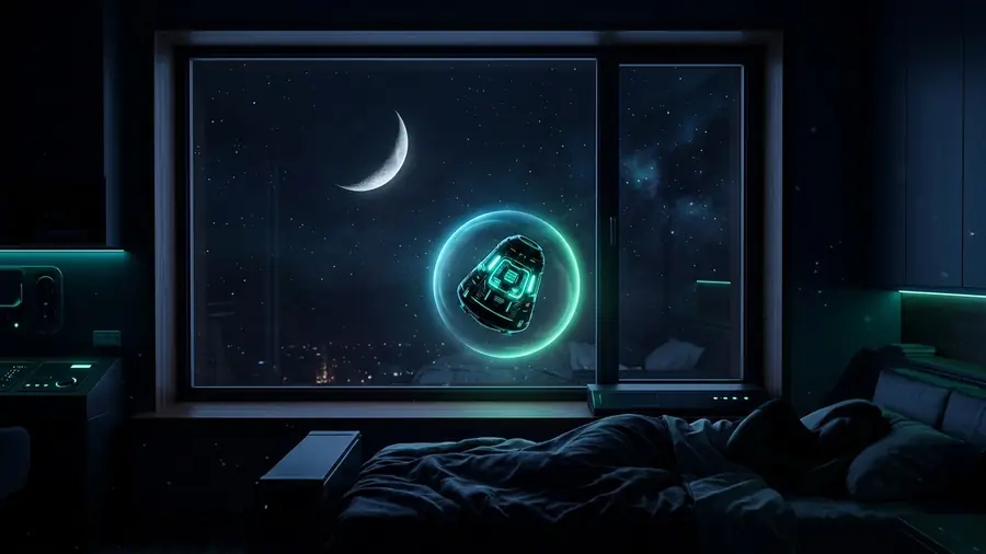 Luna y reloj de arena sobre un dormitorio oscuro, ilustración