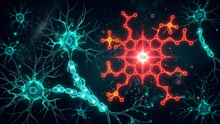 Molécula de vitamina B12 junto a neuronas luminosas, ilustración