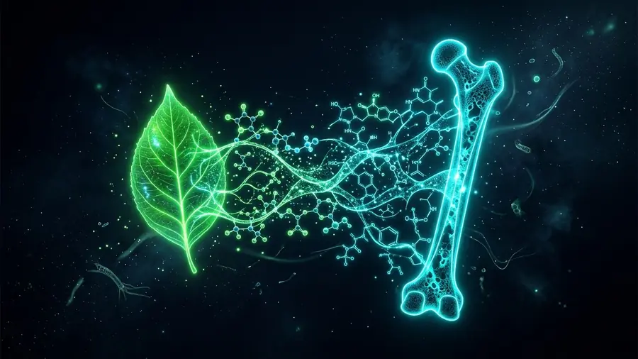 Hoja verde y hueso con moléculas luminosas, ilustración