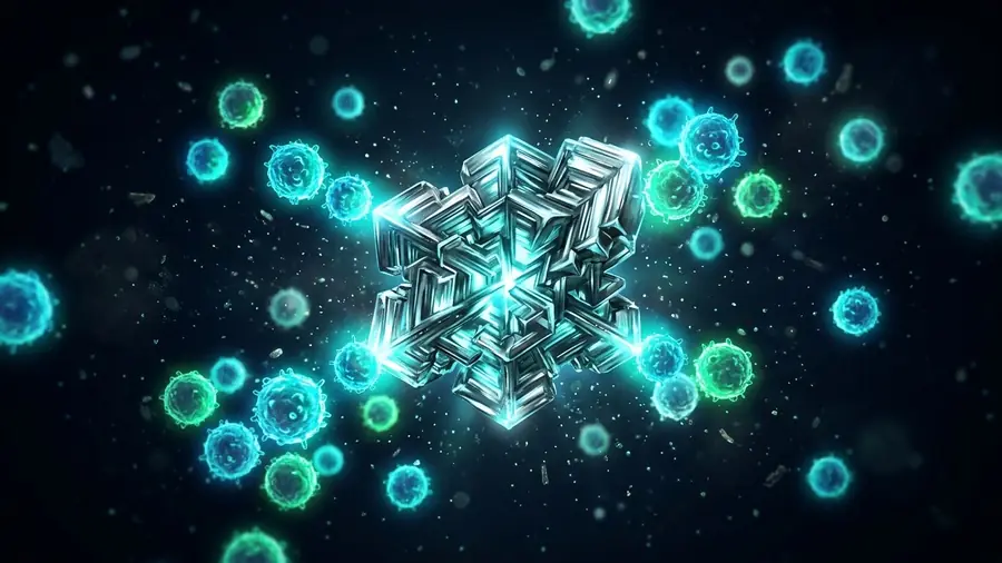 Cristal metálico de zinc rodeado de células inmunitarias luminosas, ilustración