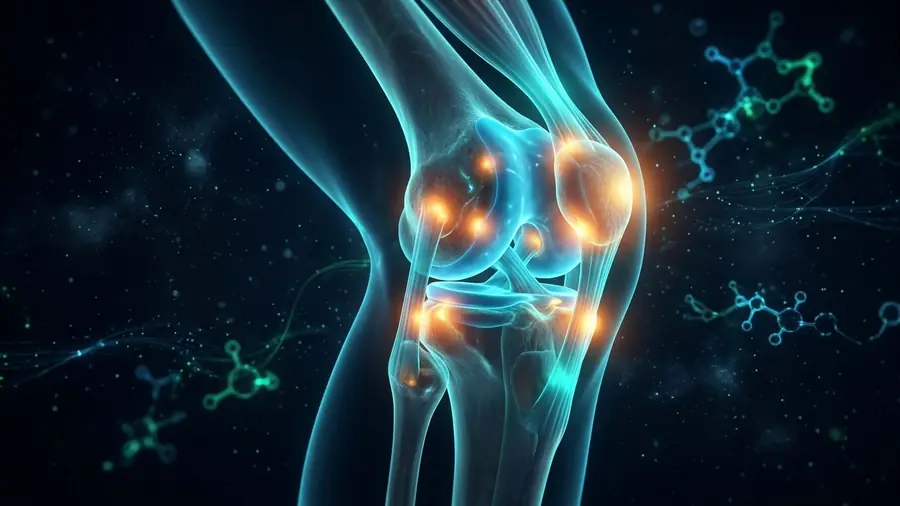 Rodilla translúcida con puntos de inflamación y luz cian, ilustración