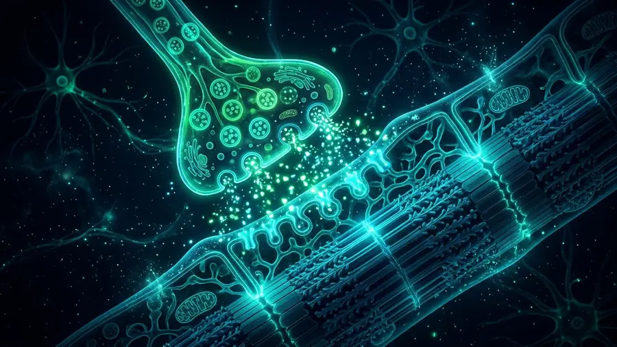 Fibra muscular y terminal nerviosa intercambiando partículas minerales, ilustración