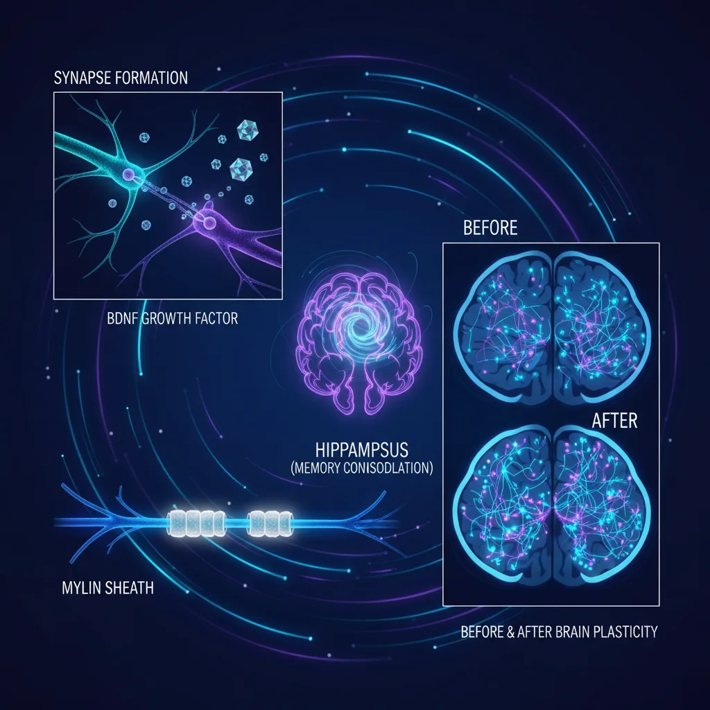Diagrama de sinapsis neuronal mostrando LTP y el rol del BDNF en la formación de nuevas conexiones