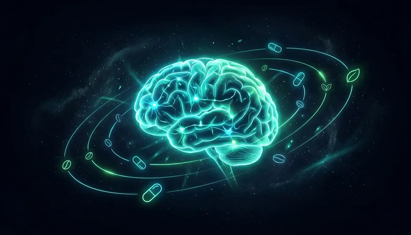 Cerebro con cápsulas y hojas orbitando a su alrededor, ilustración