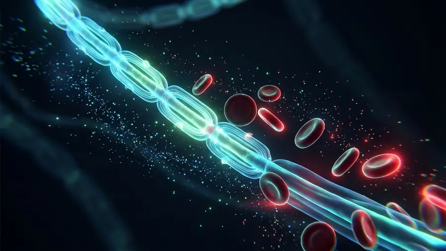 Glóbulos rojos junto a una fibra nerviosa mielinizada, ilustración